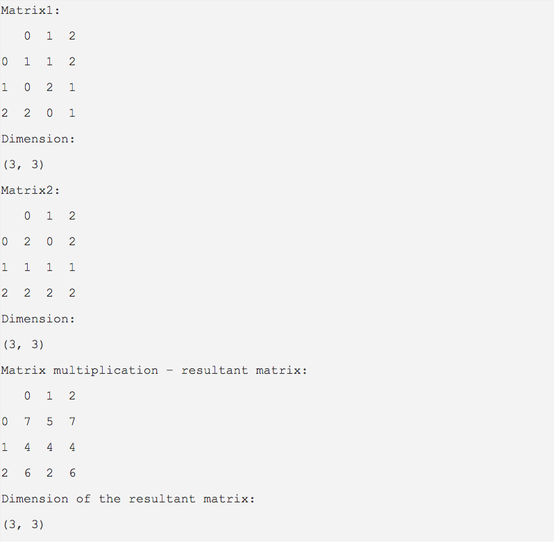 Python example program for multiplying two matrices where matrices are pandas dataframes 