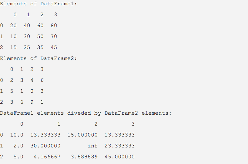 Output of a python example program that divides one DataFrame by another DataFrame