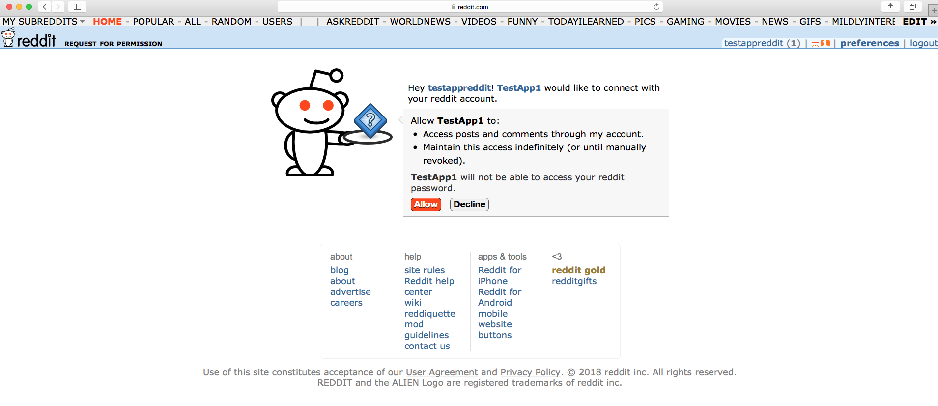 Reddit Authorization page for the web application