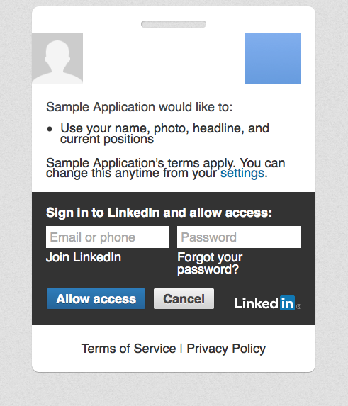 Linkedin Authorization Page - Sample web application